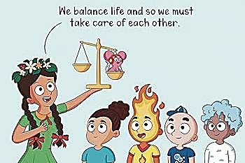 A spread from I Am The Best: a girl holding a pair of scales beside four children