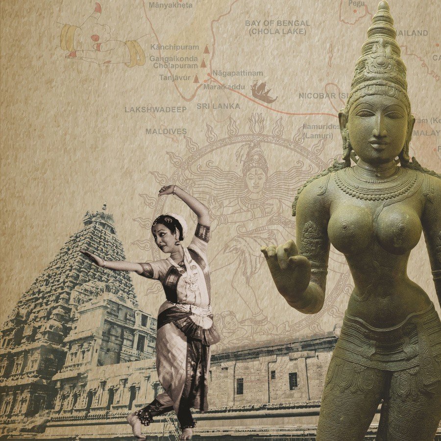 Cover of Bharatanatyam: A Dance of Patrons, Gods & Brides — a Bharatanatyam dancer beside a Chola bronze, over a temple drawing