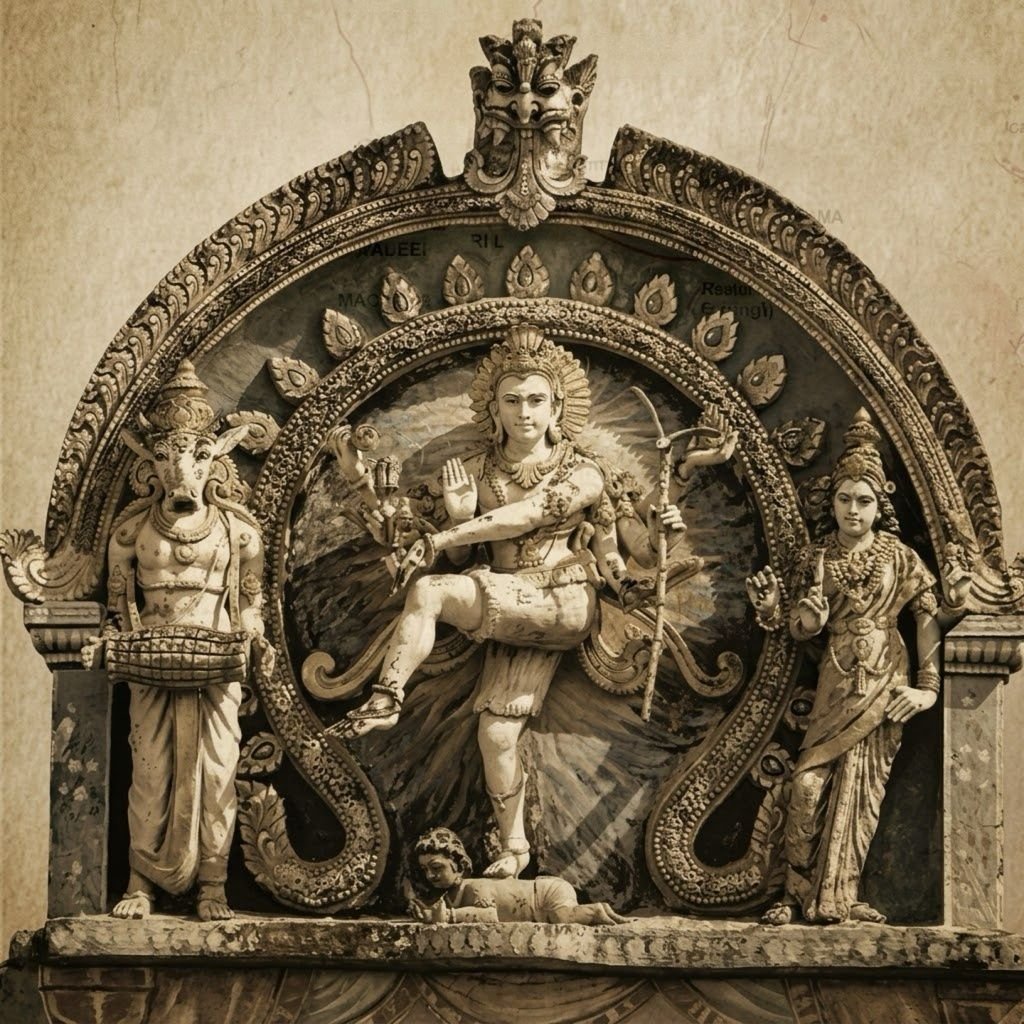 Sepia sculpture of Shiva as Nataraja, lord of dance, inside an ornate temple arch, flanked by a drum-playing bull-headed attendant and a standing goddess